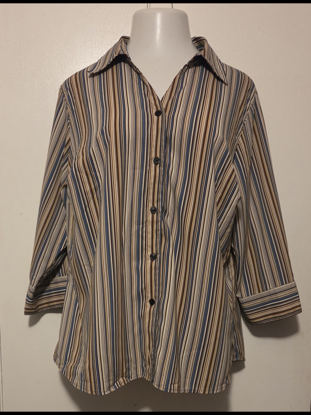 Notations XL Womens Button Blouse in Tan, Blue & White